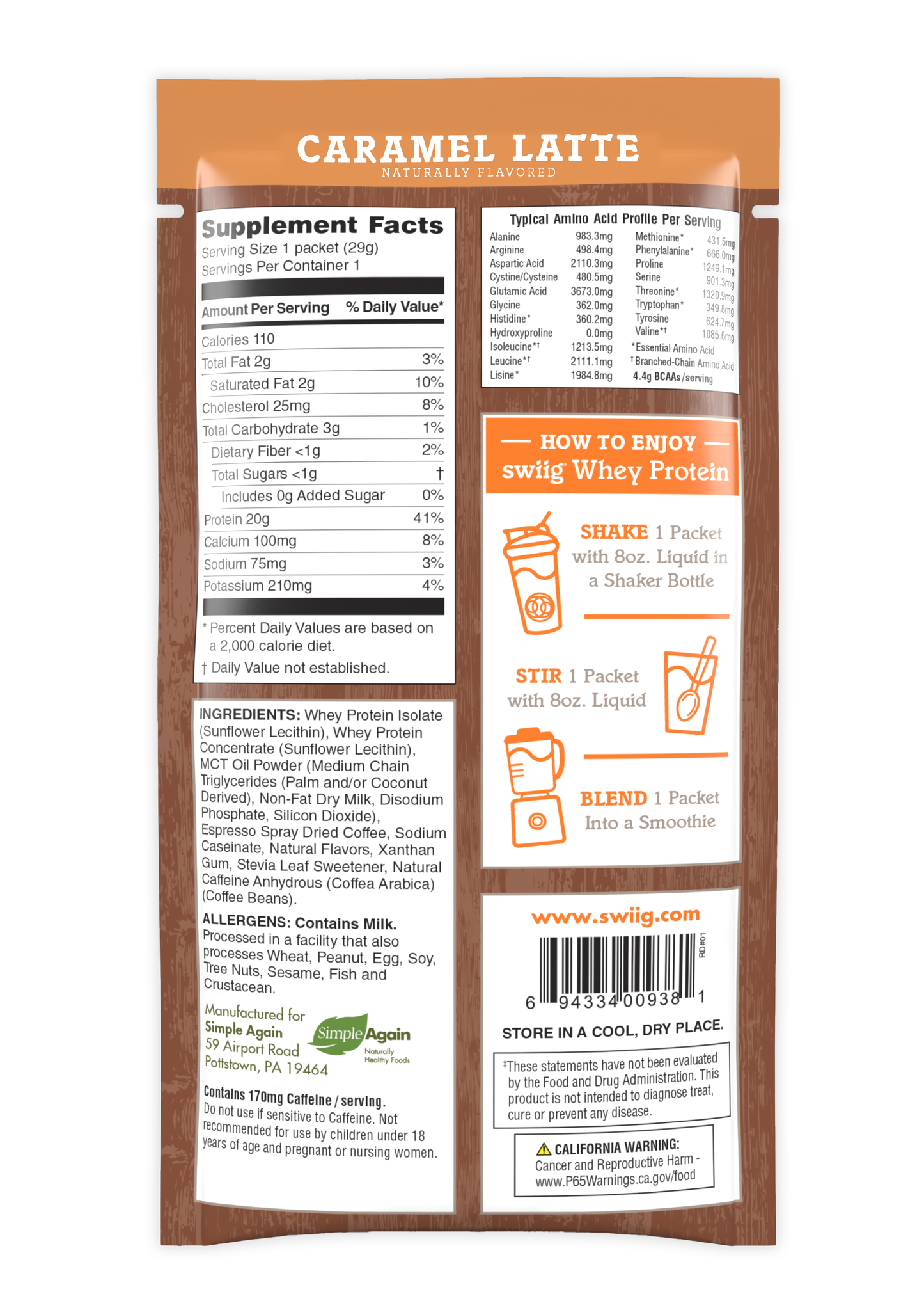 Back of a swiig whey protein package with text and labels.