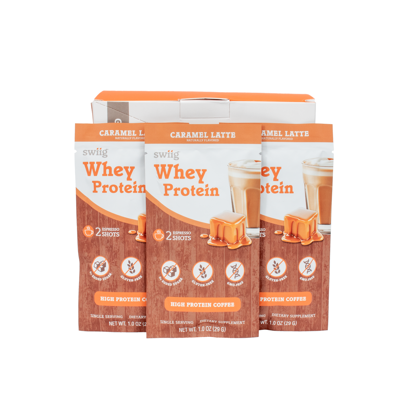 Three packages of swiig Whey Protein Caramel Latte flavor on a white background