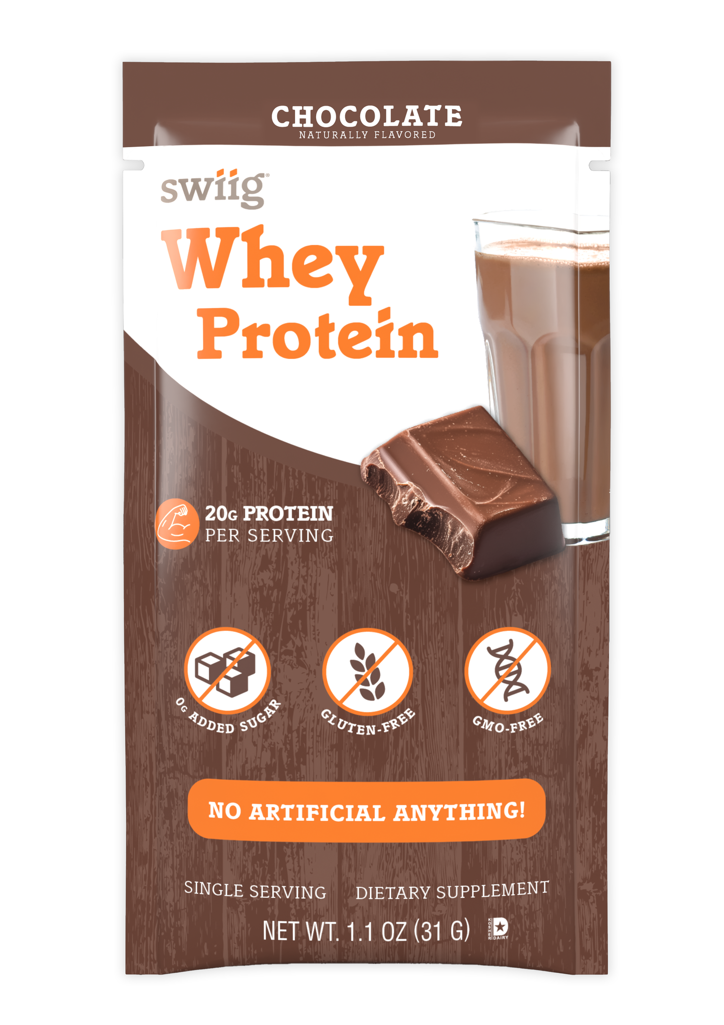 swiig Whey Protein package with chocolate flavor on a white background