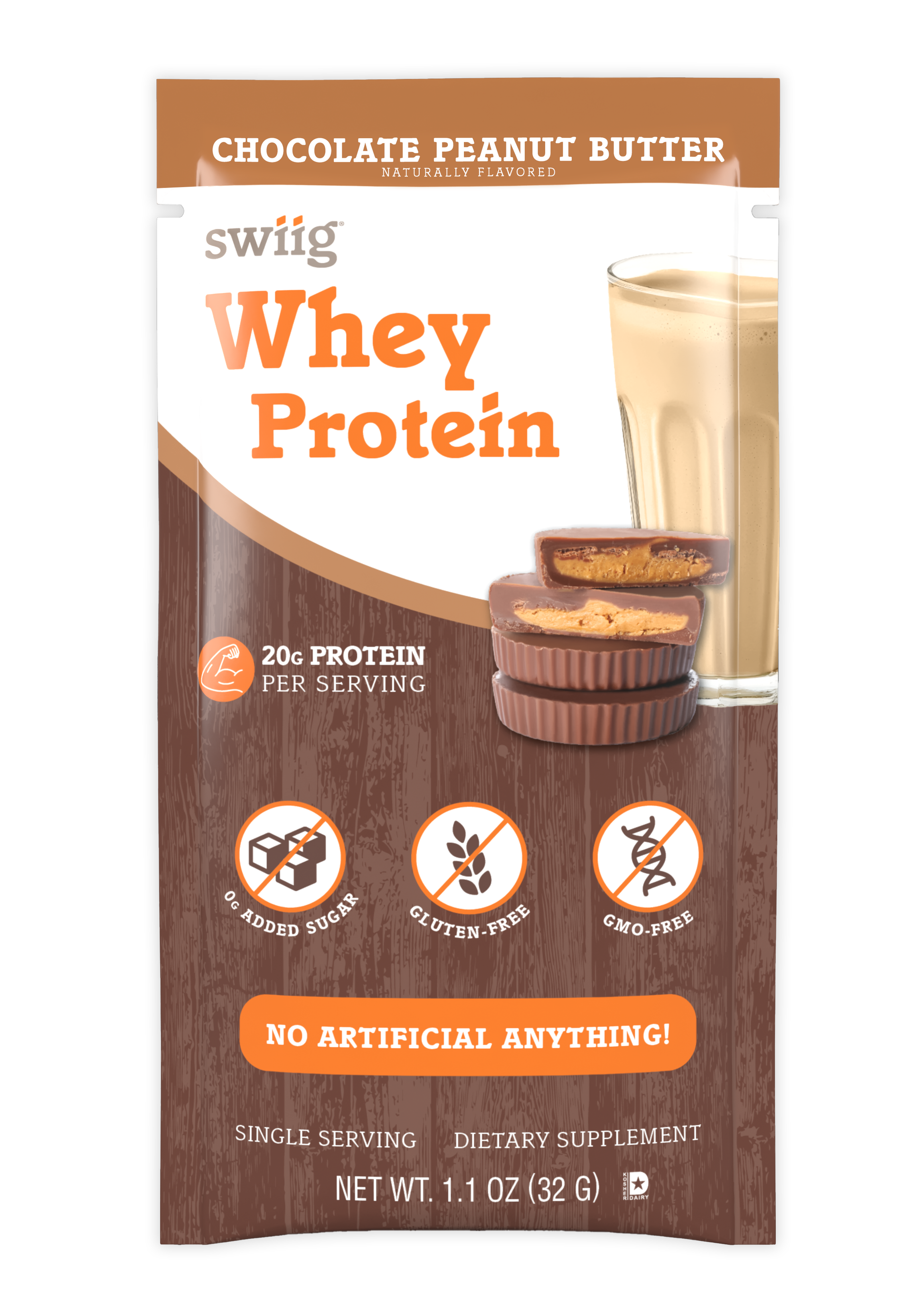 swiig Whey Protein package with chocolate peanut butter flavor on a white background
