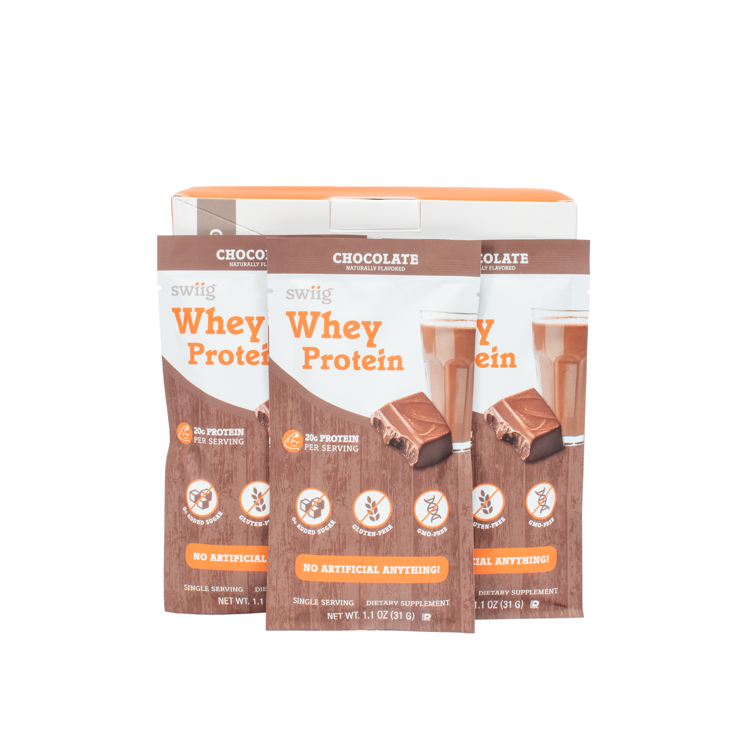 Three packages of chocolate whey protein on a white background