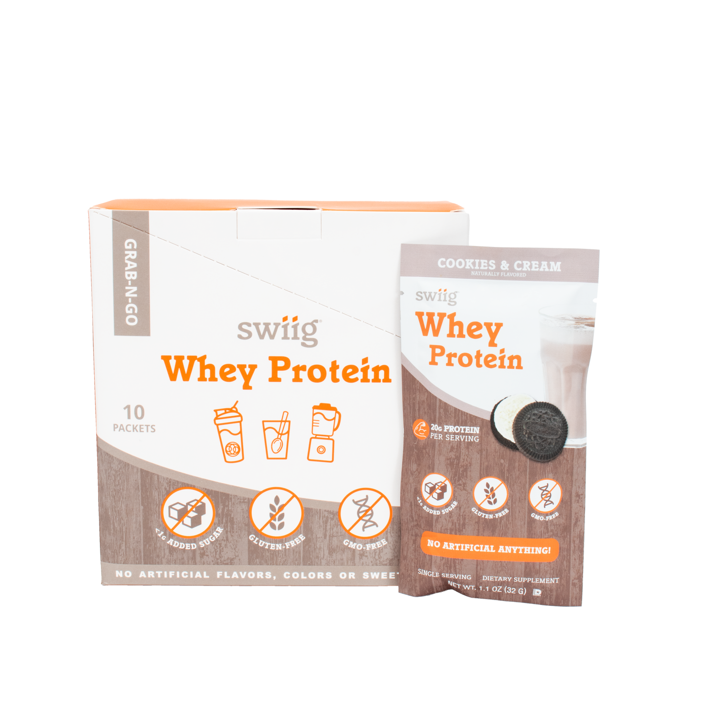 swiig Whey Protein packaging on a white background