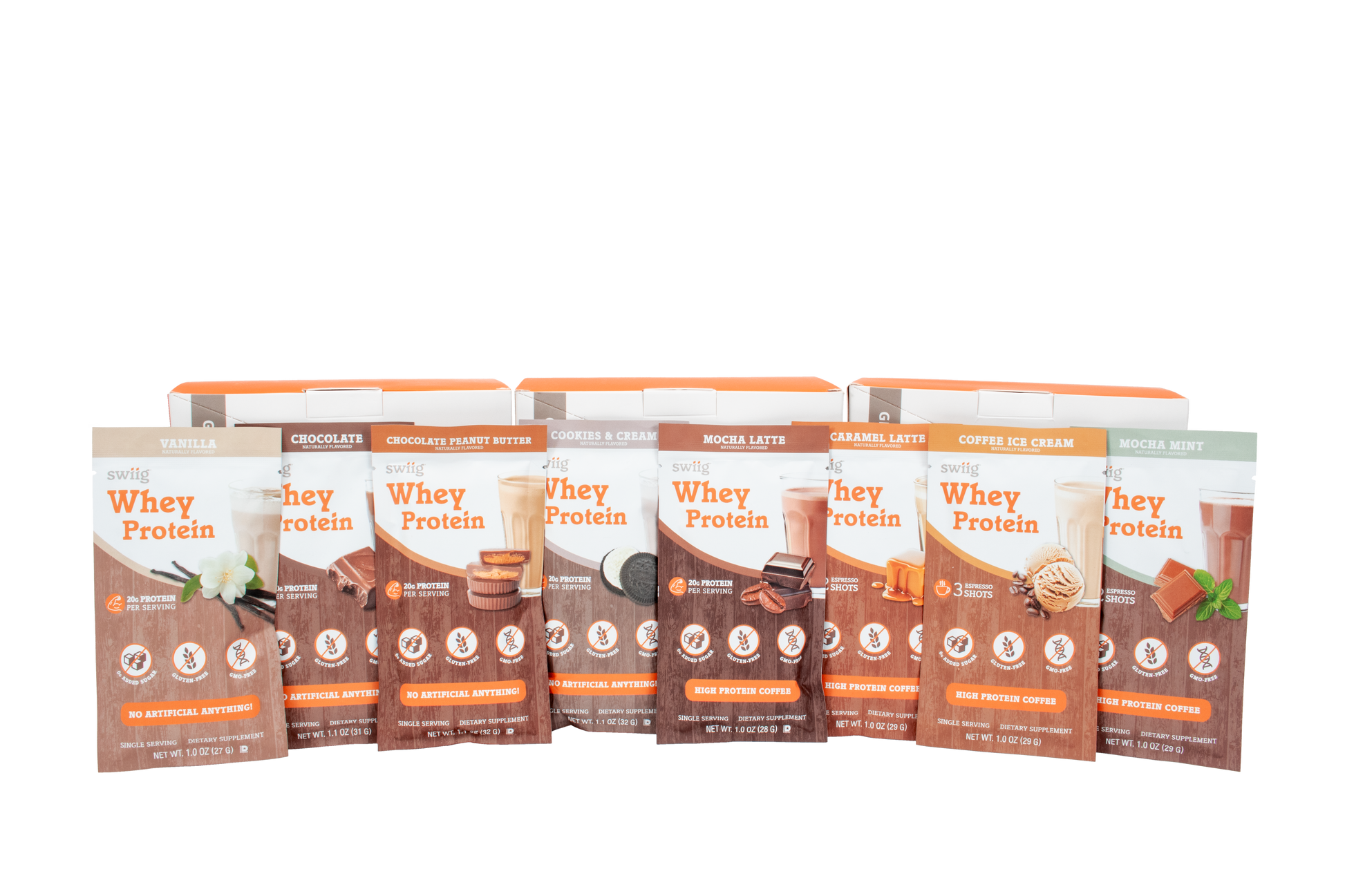 Multiple packages of whey protein on a white background