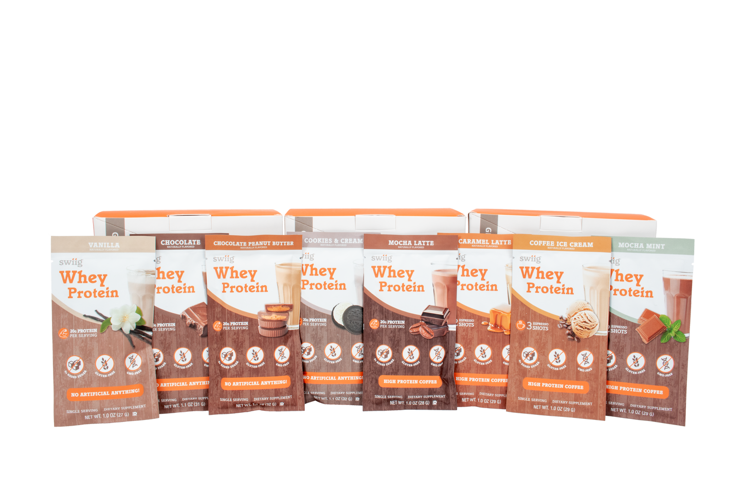 Multiple packages of whey protein on a white background