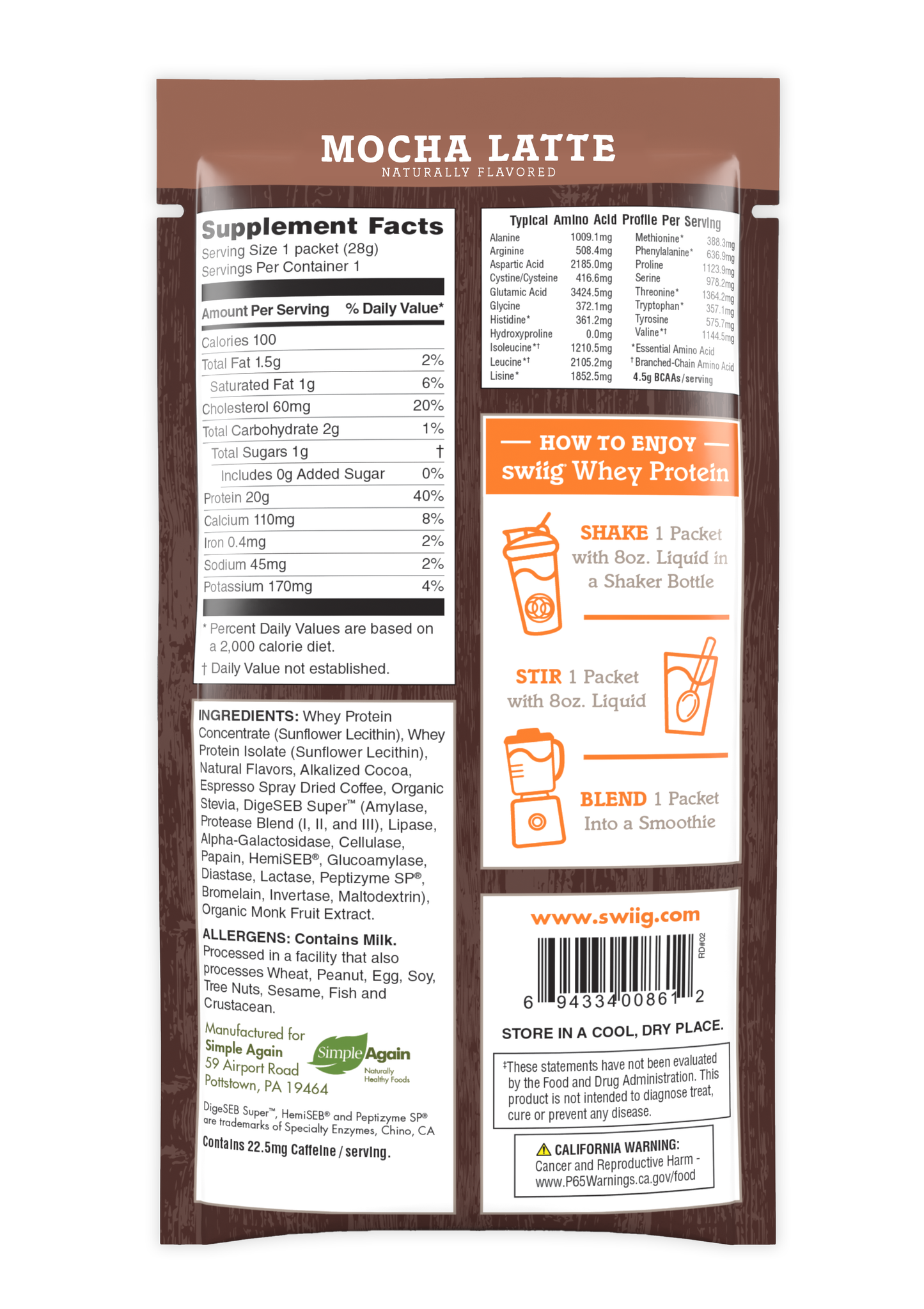 Mocha Latte flavored protein powder package with supplement facts and instructions.