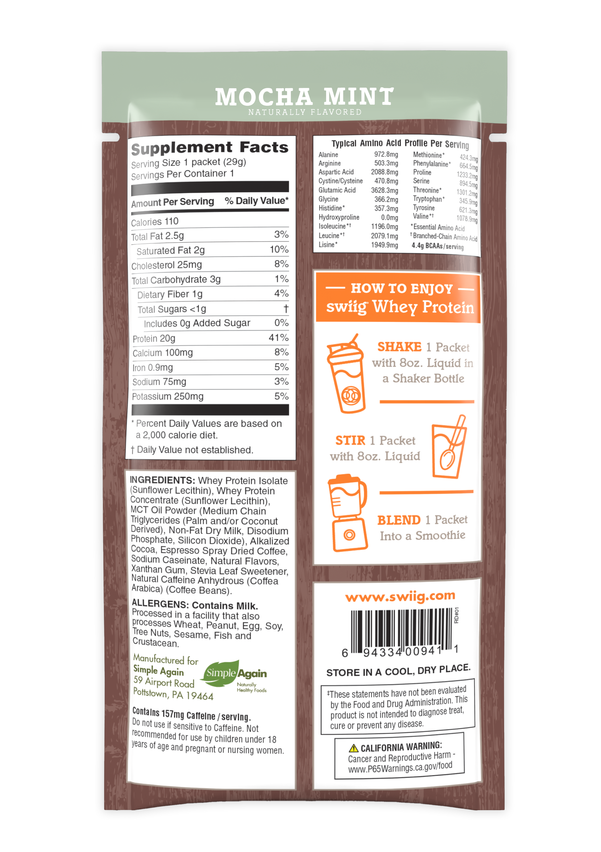 Mocha Mint swiig whey protein package with supplement facts and instructions.