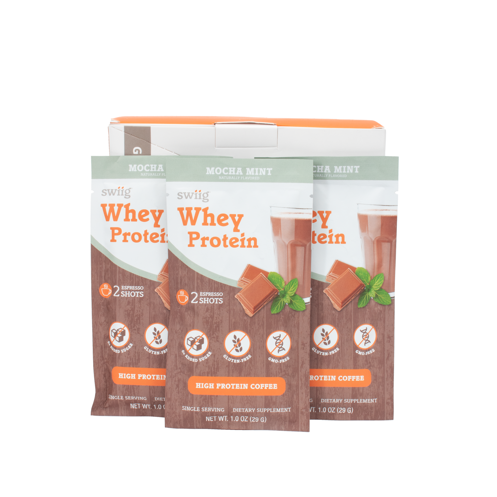 Three packages of swiig Whey Protein on a white background