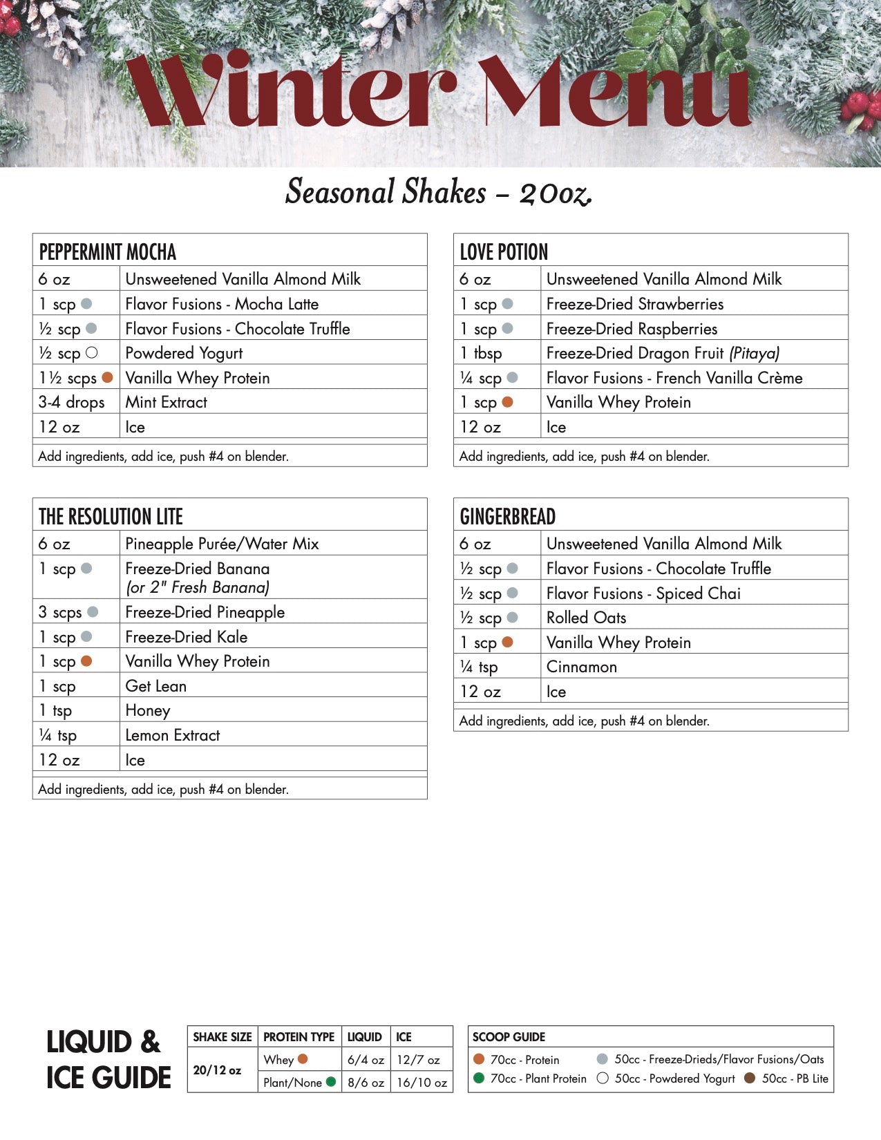 Winter Menu Counter Card and Recipe Cheat Sheet (Non-Laminated)