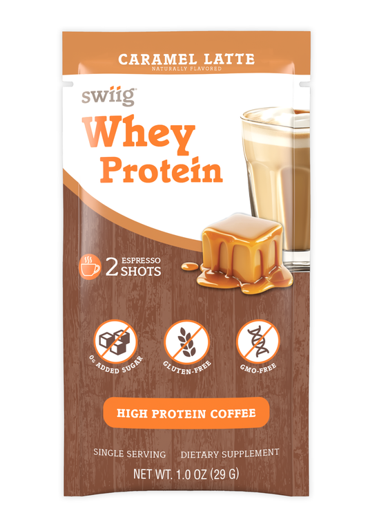 swiig Whey Protein package for caramel latte flavor on a white background