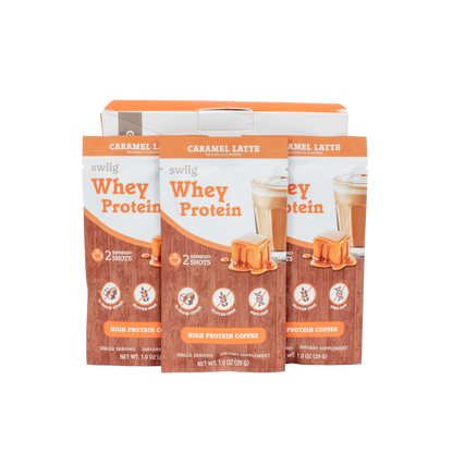 Three packages of swiig Whey Protein Caramel Latte flavor on a white background
