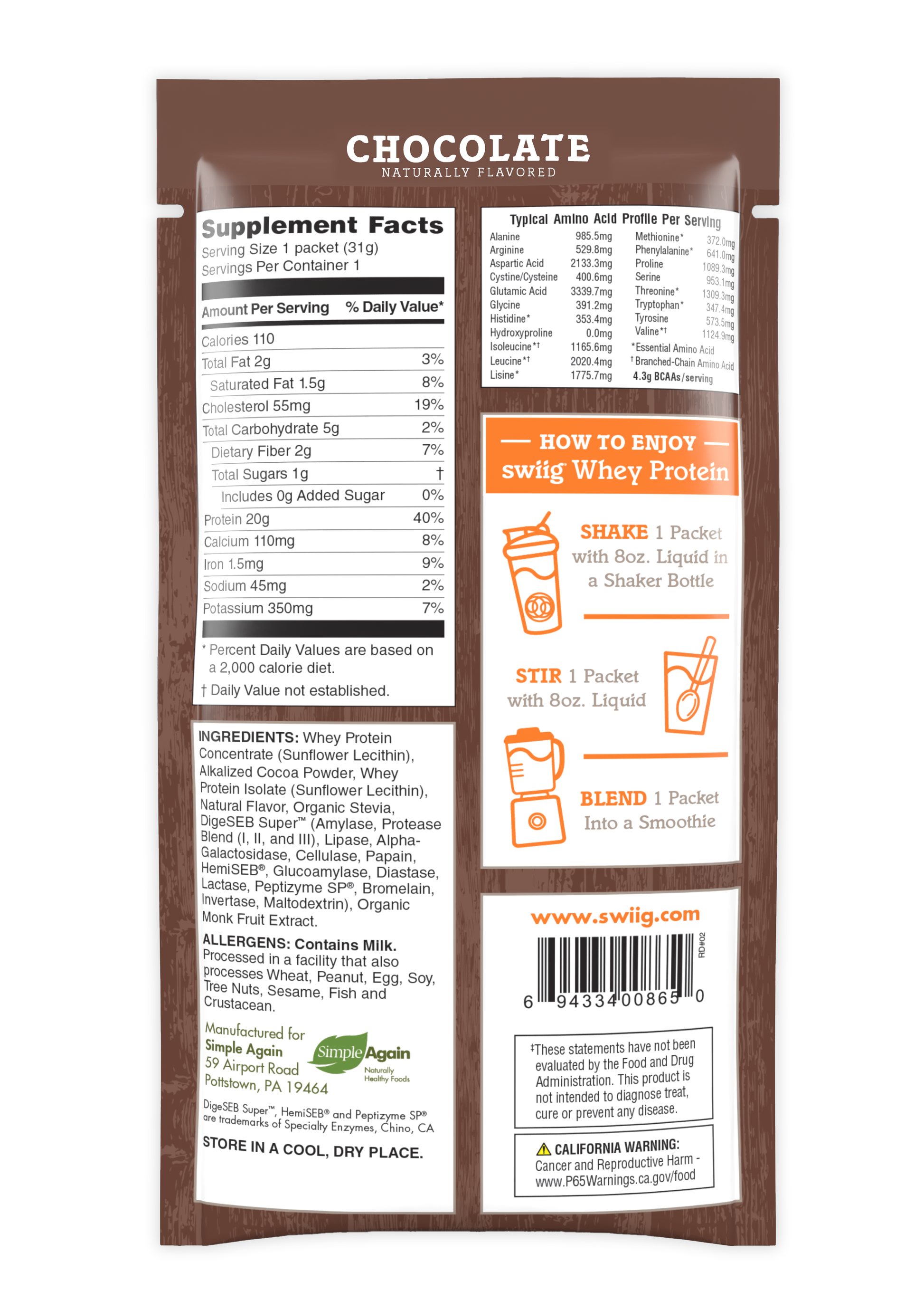swiig whey protein package with supplement facts and usage instructions on a white background