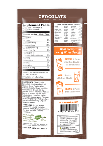 swiig whey protein package with supplement facts and usage instructions on a white background