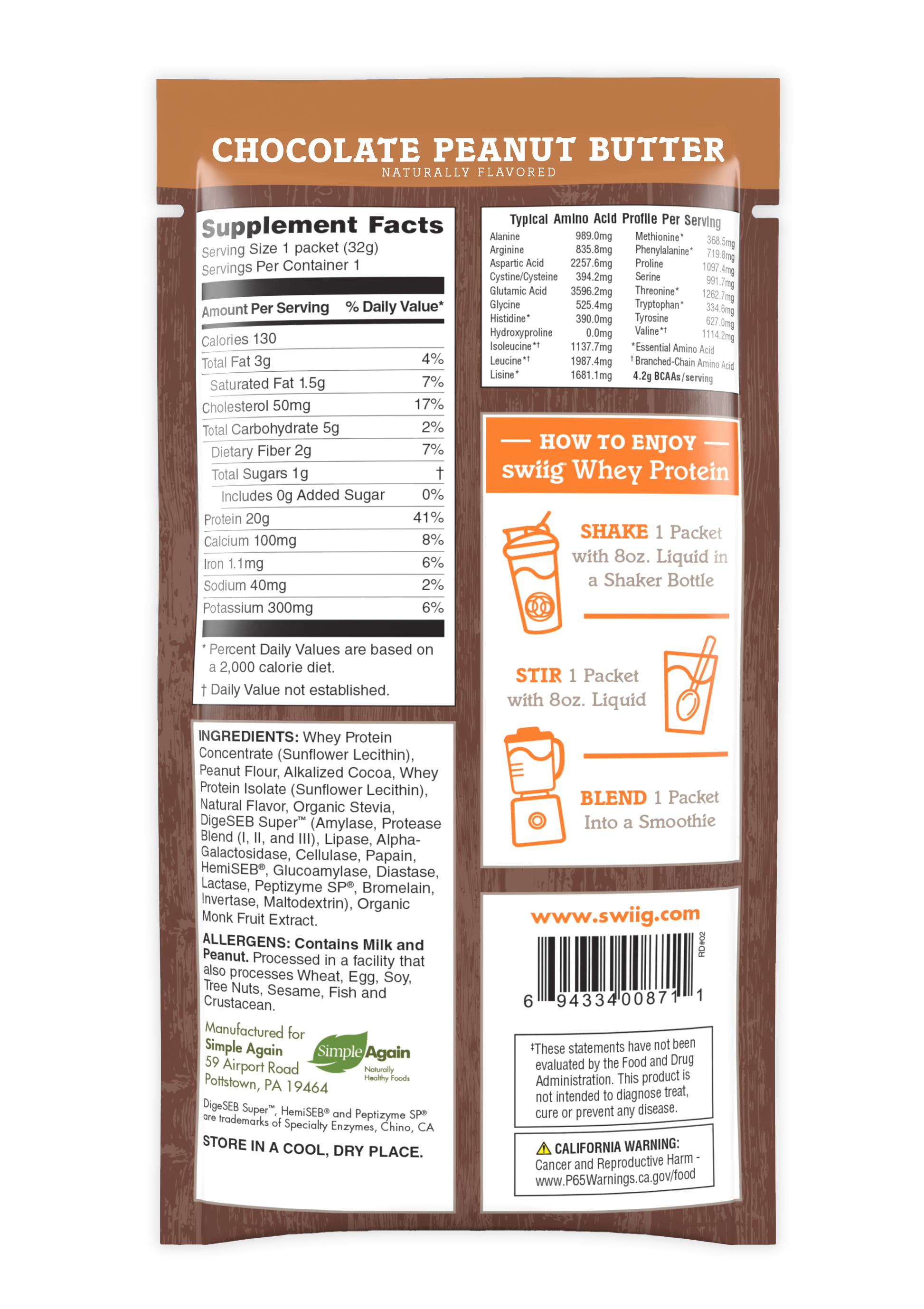 Whey protein package with supplement facts and instructions on a white background