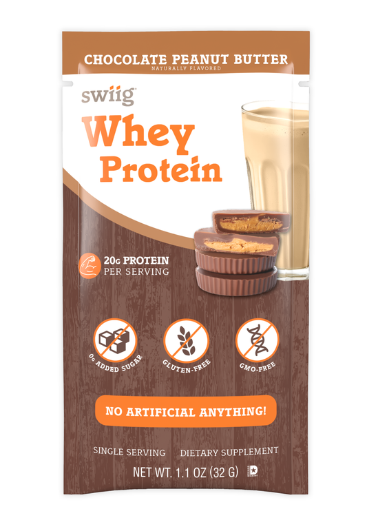 swiig Whey Protein package with chocolate peanut butter flavor on a white background