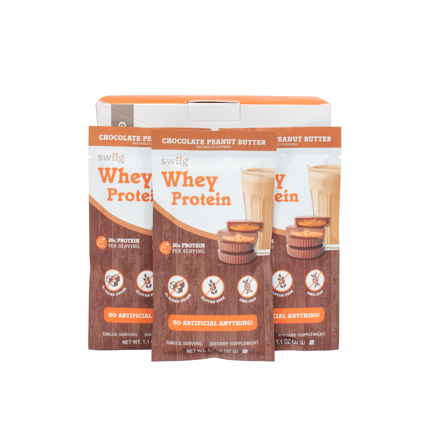 swiig Whey Protein packaging with chocolate peanut butter flavor on a white background