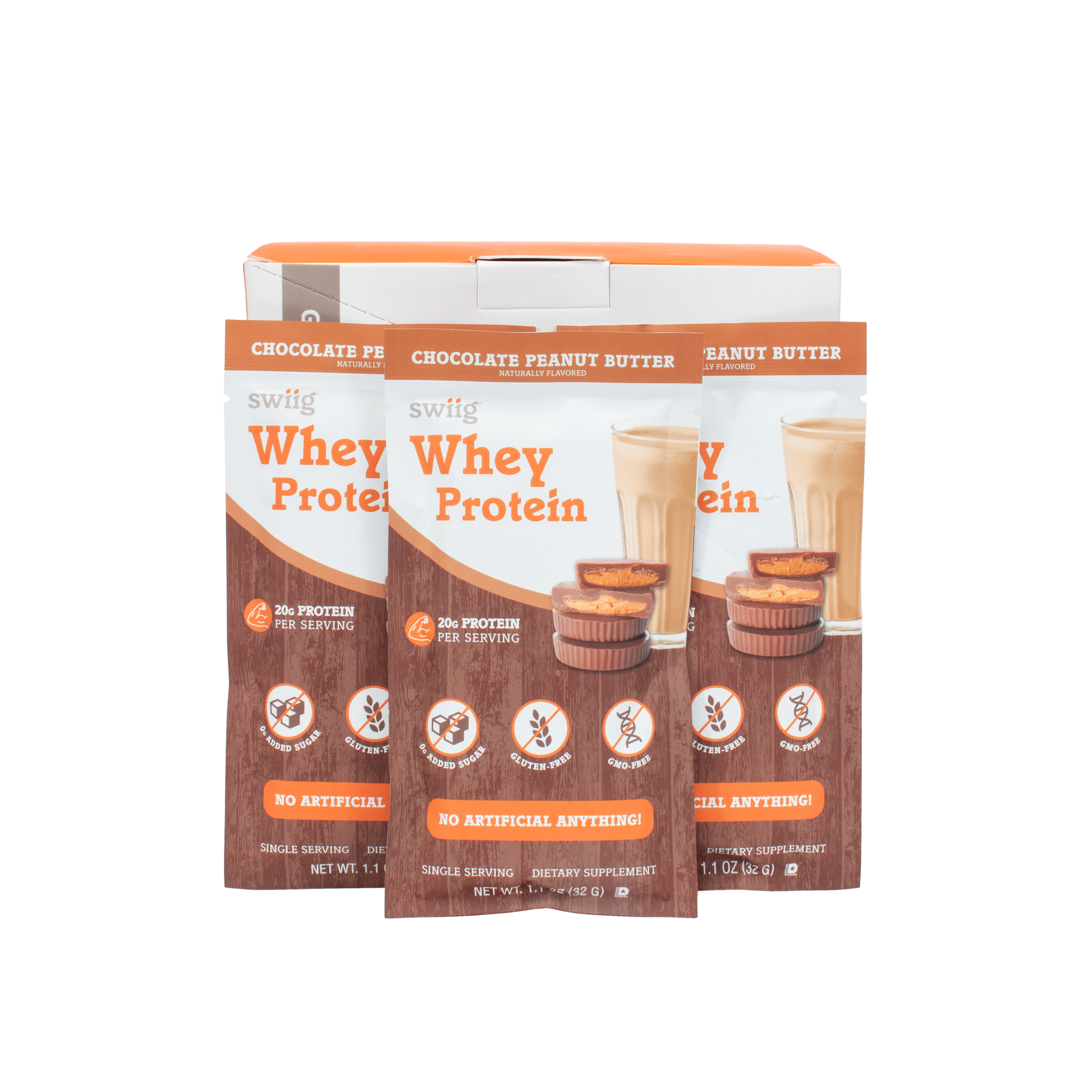 swiig Whey Protein packaging with chocolate peanut butter flavor on a white background