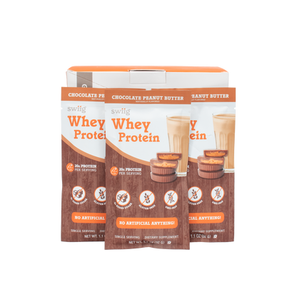 swiig Whey Protein packaging with chocolate peanut butter flavor on a white background