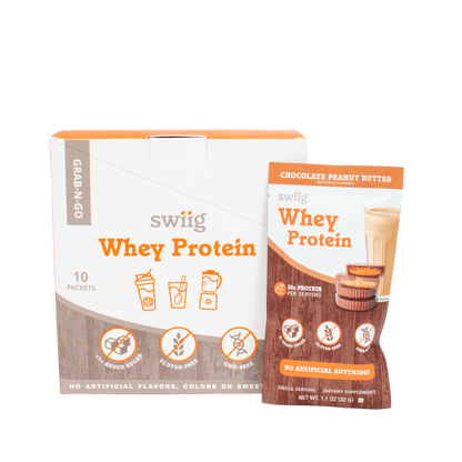 swiig Whey Protein packaging with a box and a single packet on a white background