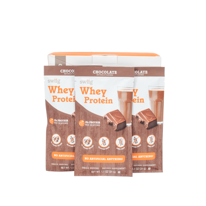 Three packages of chocolate whey protein on a white background