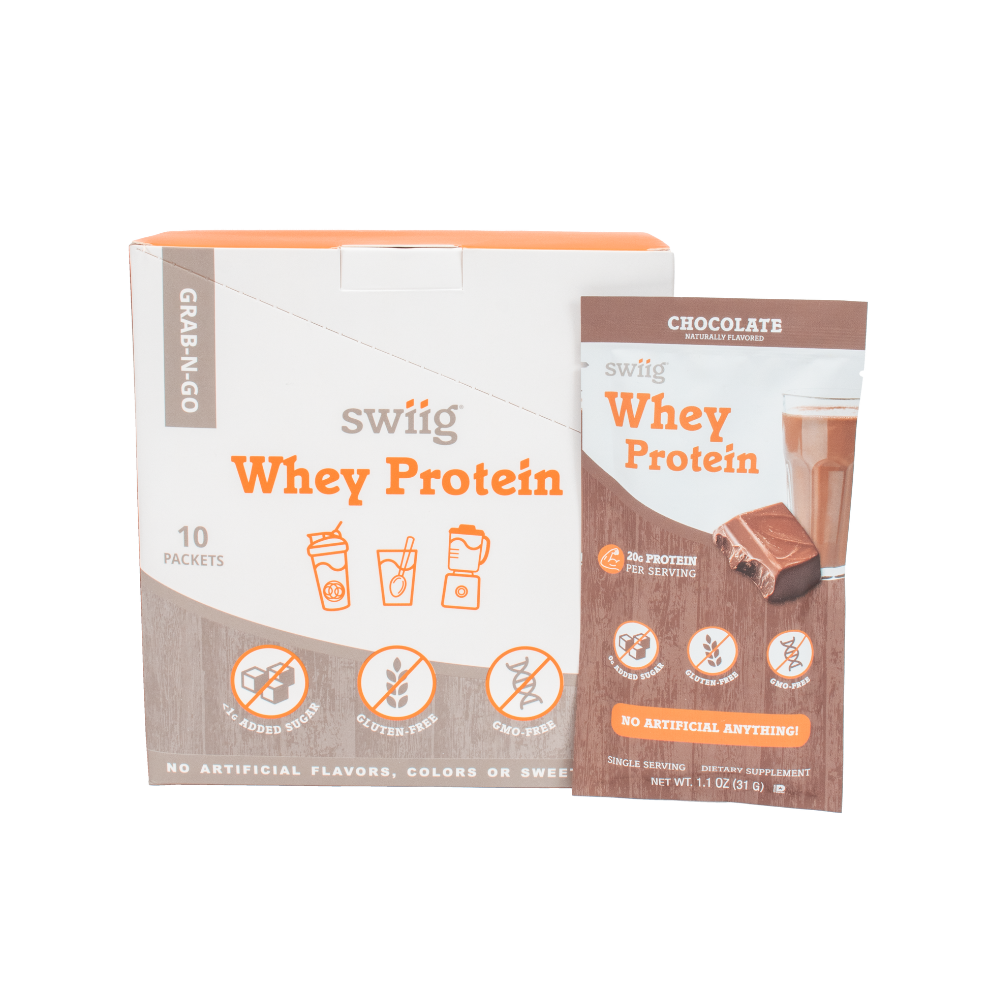 swiig whey protein packaging on a white background