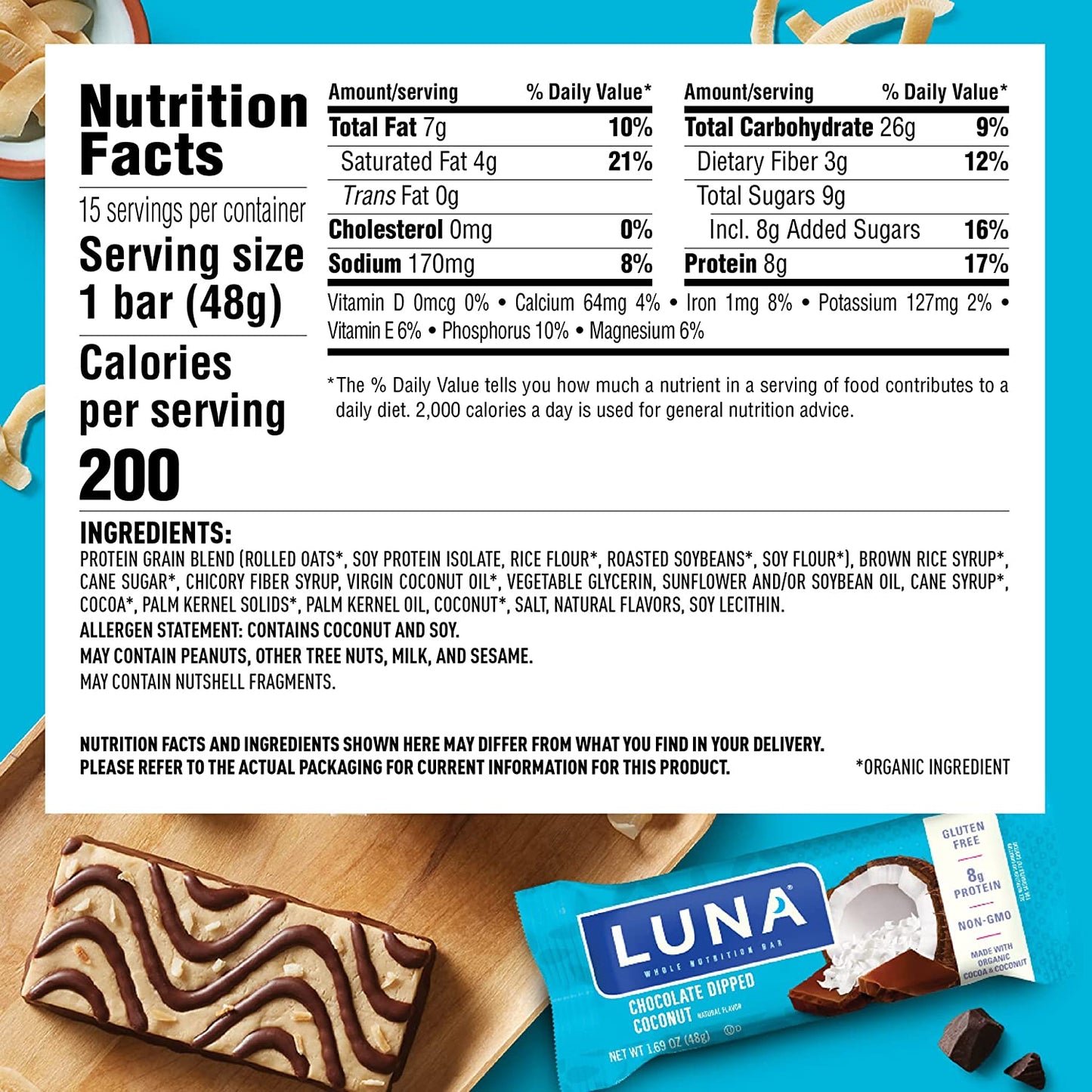 Luna Bar Chocolate Dipped Coconut - 15ct