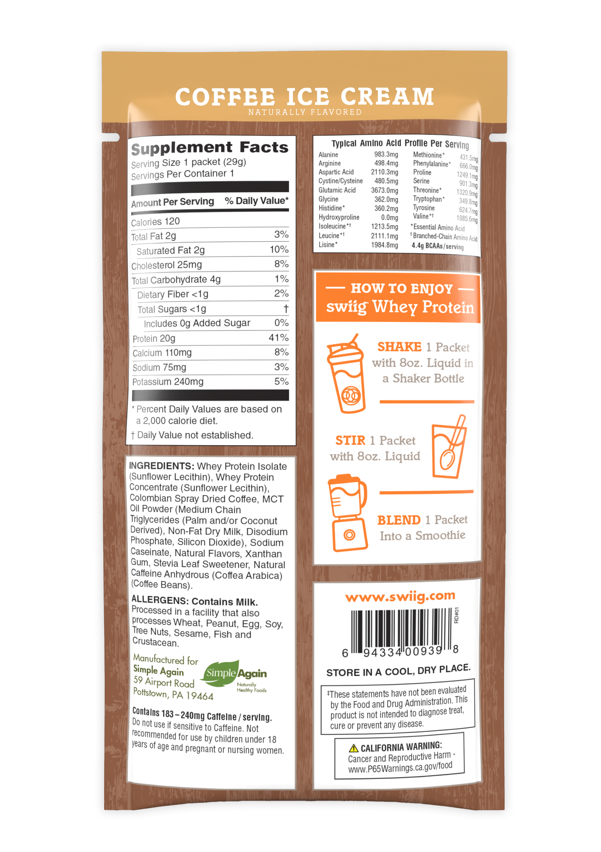 Back of a coffee ice cream container with supplement facts and instructions.