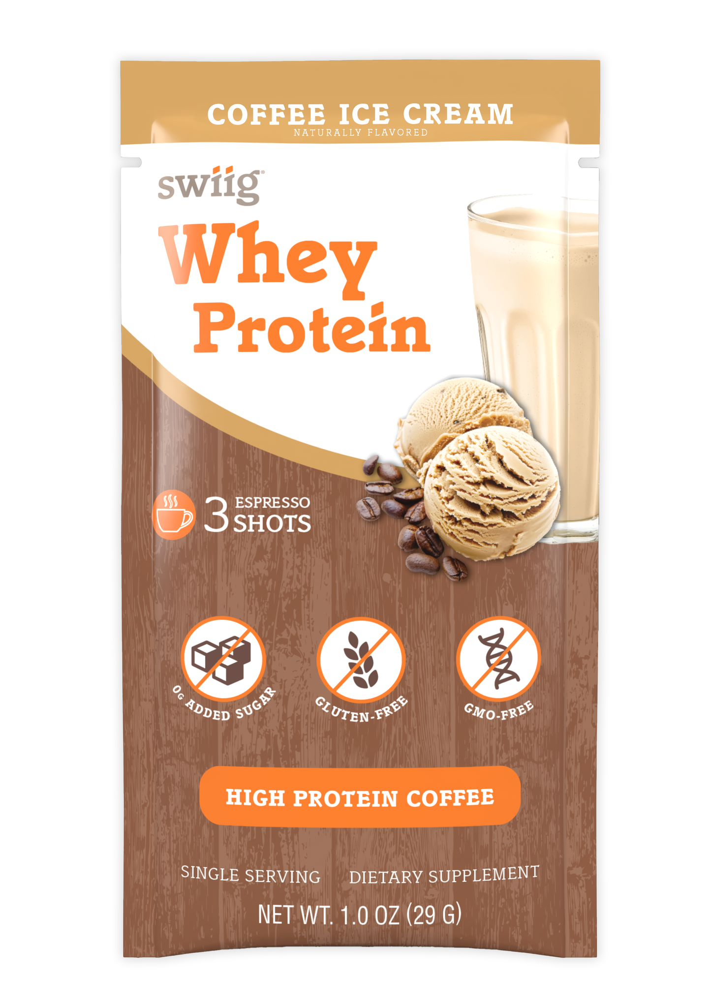swiig Whey Protein Coffee Ice Cream package with coffee ice cream and espresso shots on a white background