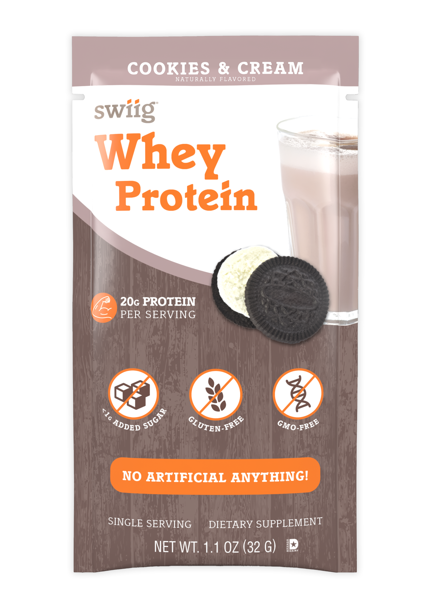 swiig Cookies & Cream whey protein package with a glass of milk and cookie on a white background