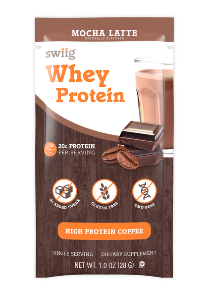 swiig Mocha Latte whey protein package with a glass of coffee in the background