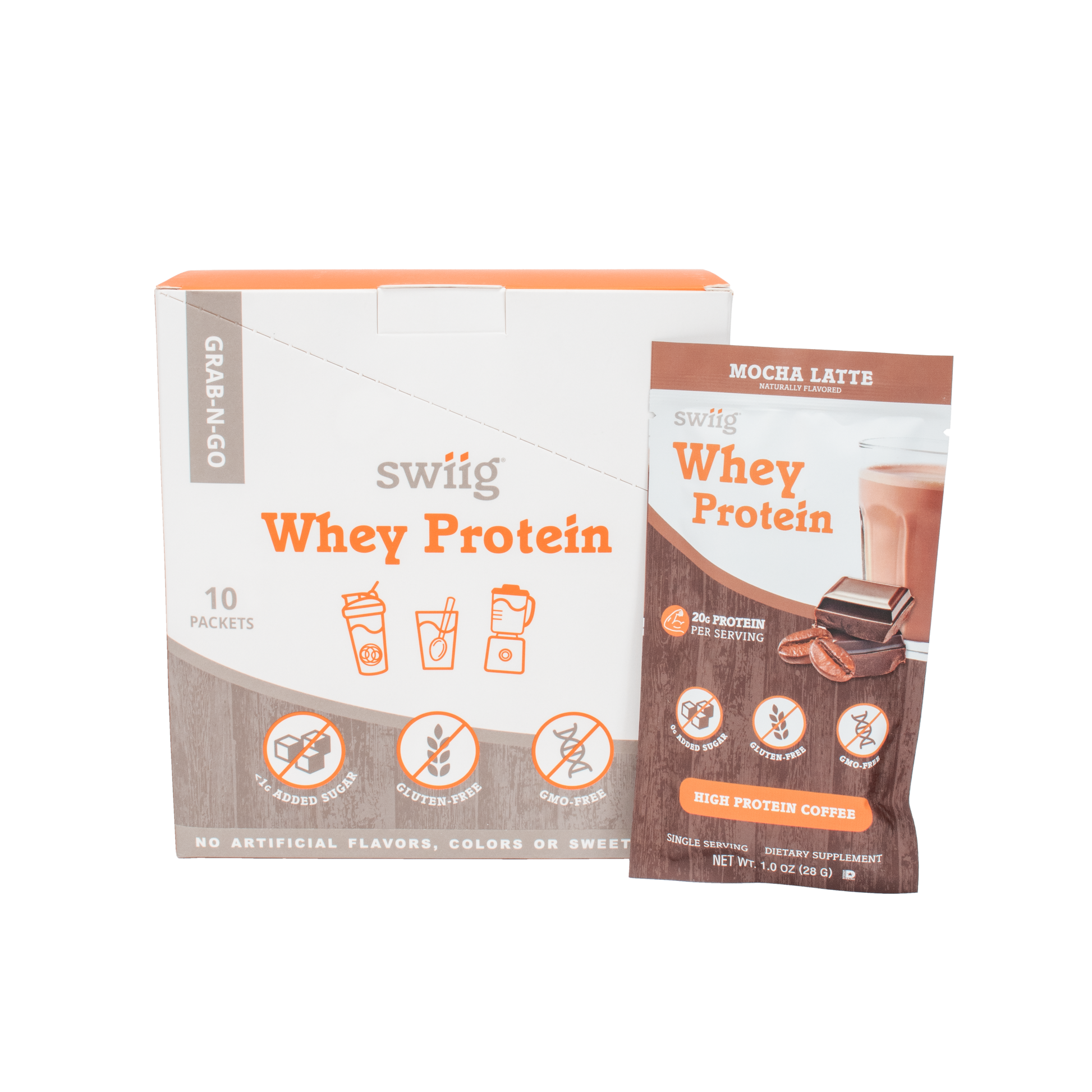 swiig whey protein packaging on a white background