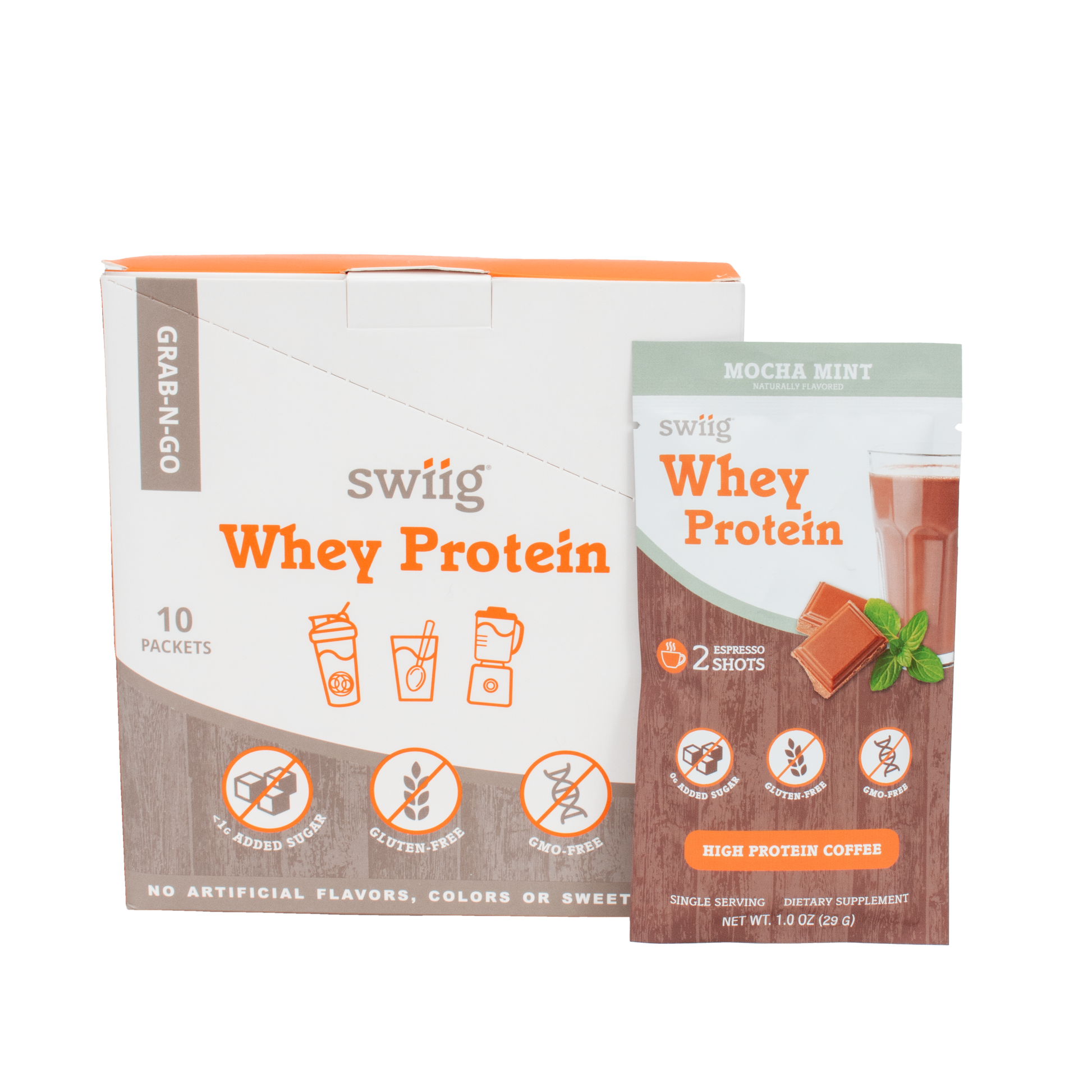 swiig whey protein packaging on a white background
