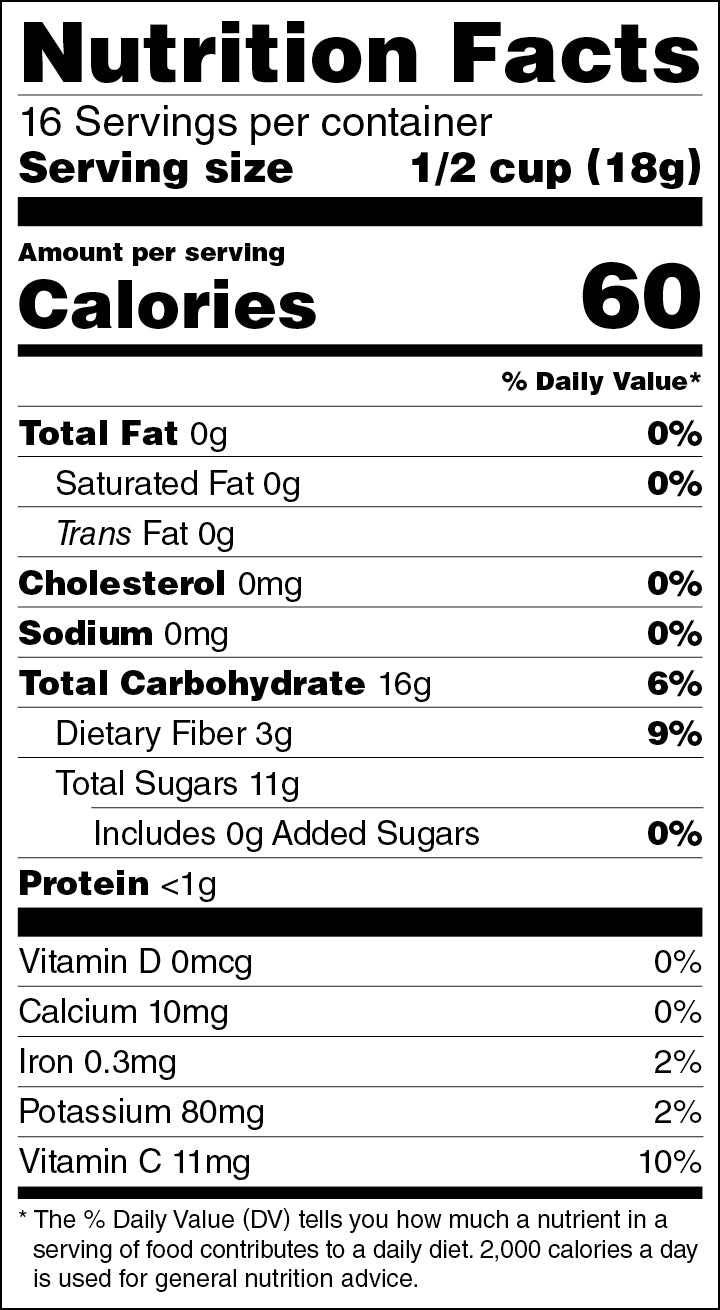 Nutrition facts label for a food product with serving size, calories, and nutritional content.