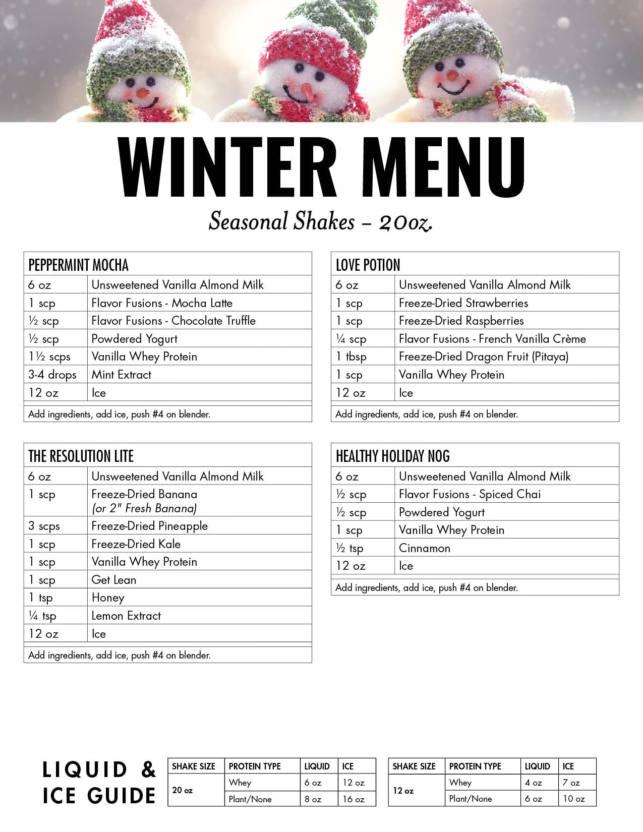 Winter Menu Counter Card and Recipe Cheat Sheet (Non-Laminated)