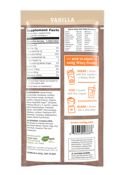 Vanilla protein supplement package with nutritional information and usage instructions.
