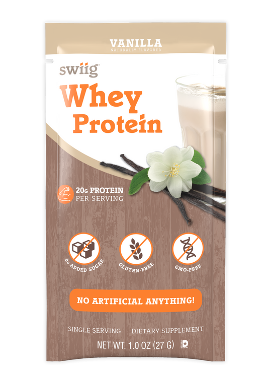 swiig Vanilla Whey Protein package with a glass of protein shake and vanilla flower on a white background