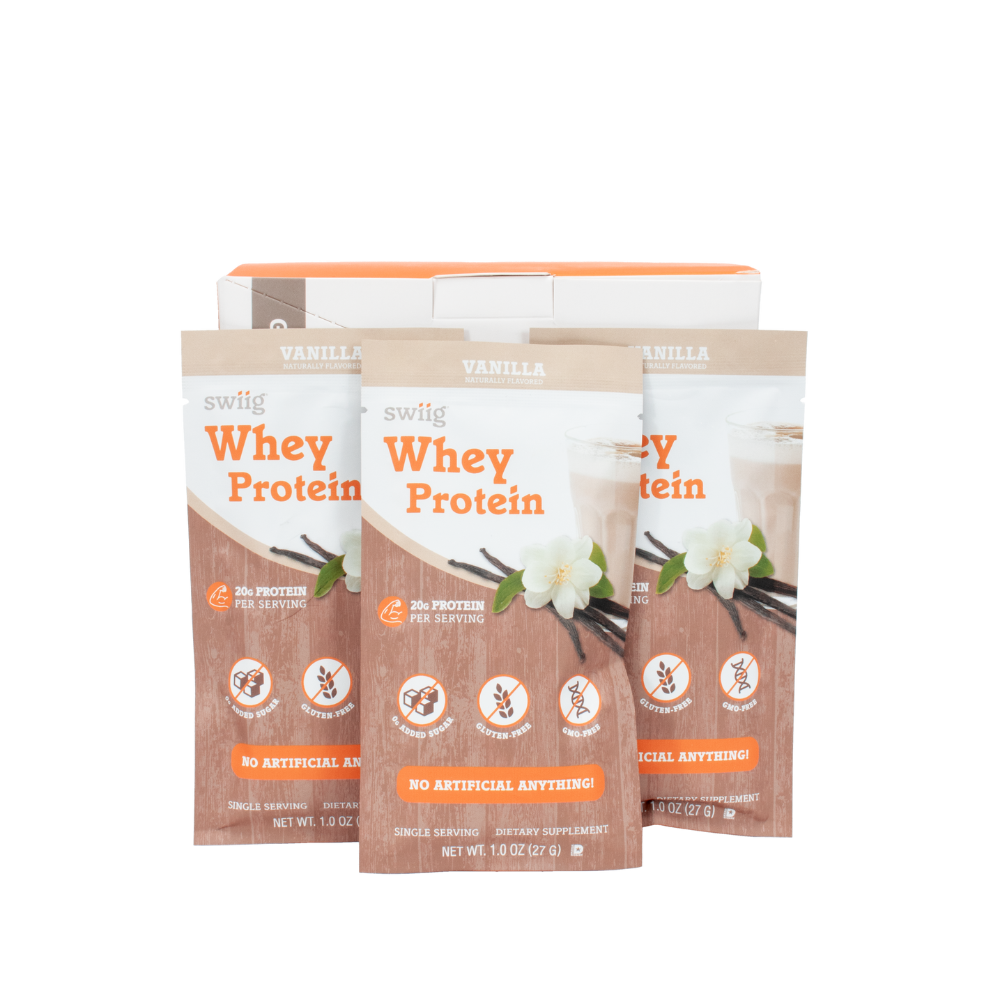 swiig Whey Protein packages on a white background