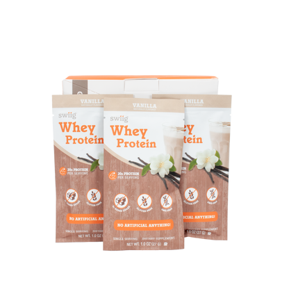 swiig Whey Protein packages on a white background