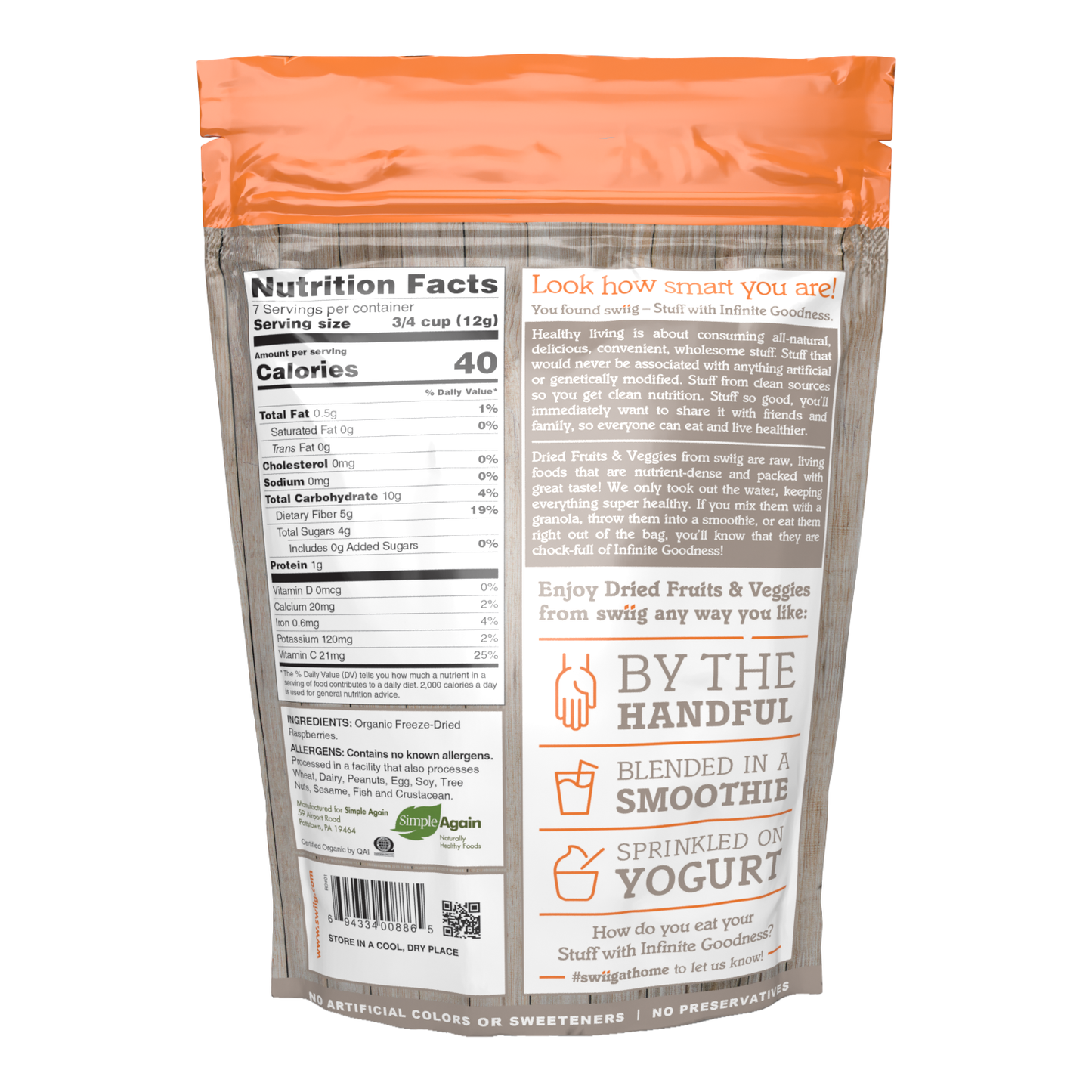 swiig Freeze Dried Raspberries - 2.75oz bag