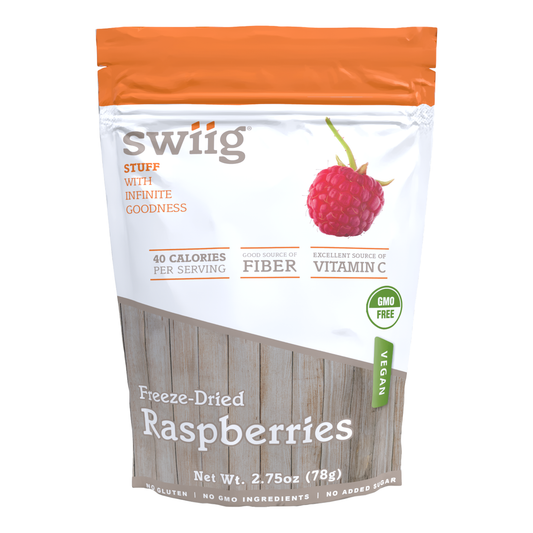 Package of swiig freeze-dried raspberries on a white background
