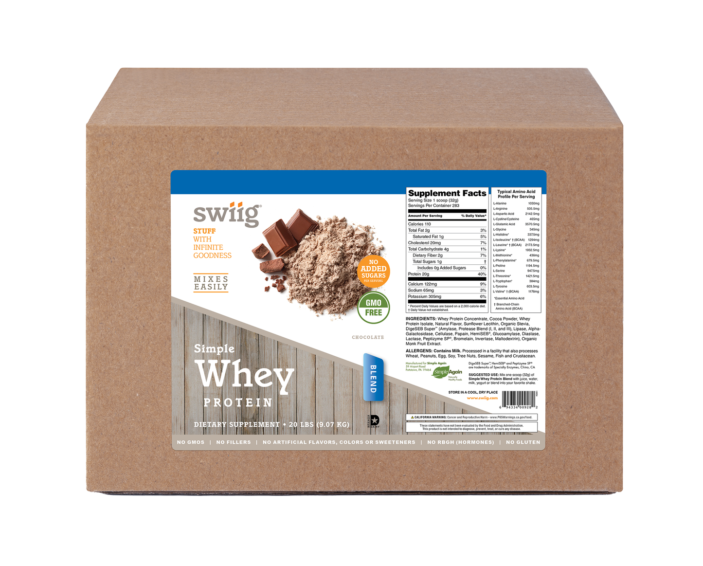 swiig Simple Whey No Sugar Added Chocolate - 20lb