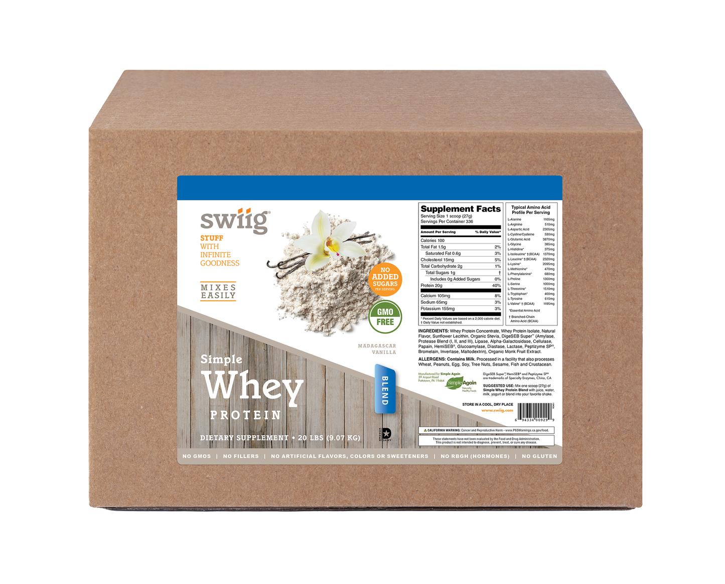 swiig Simple Whey No Sugar Added Vanilla - 20lb
