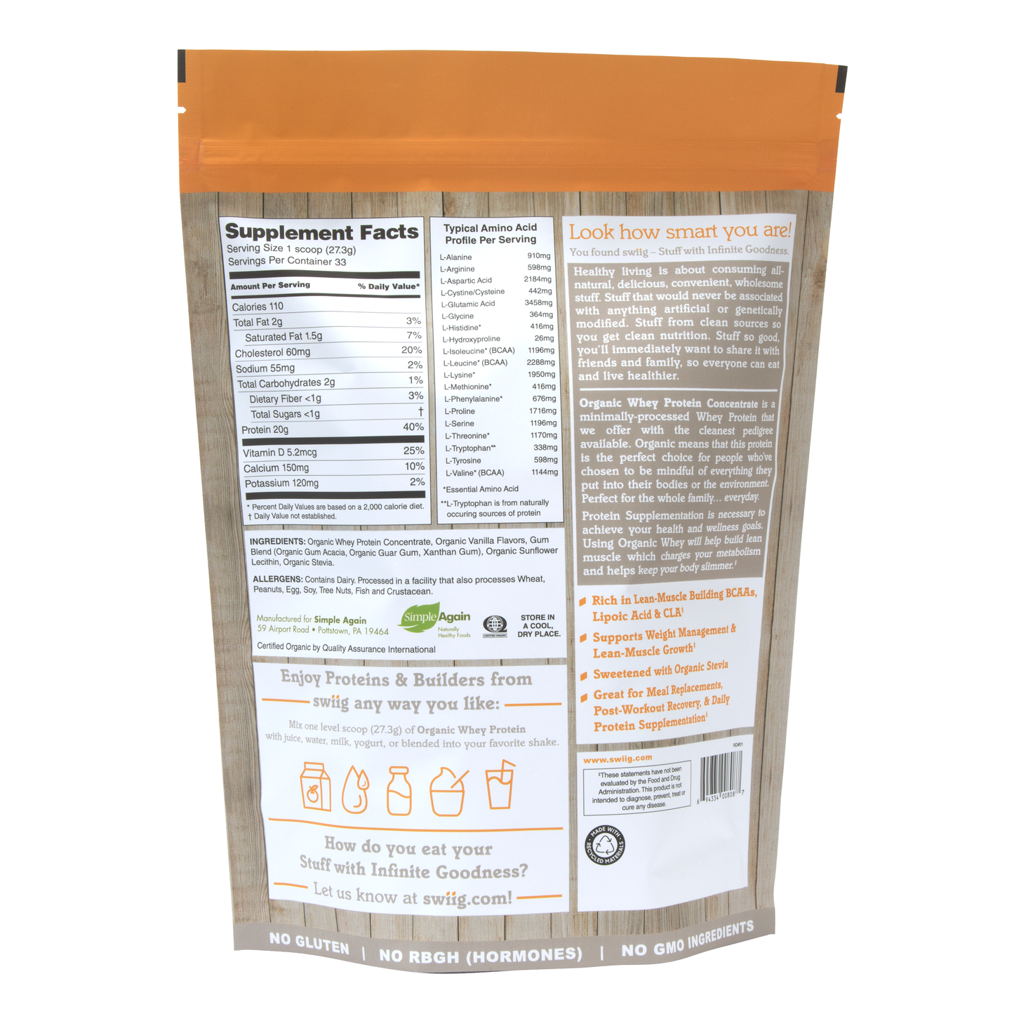 swiig Madagascar Vanilla - Organic Whey Protein Concentrate 2lb